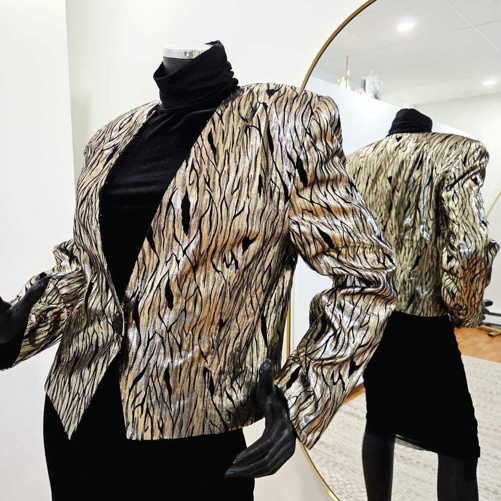 Vintage Metallic Stuctured Glam Blazer, Gold Black Tiger Jacket, Size 10